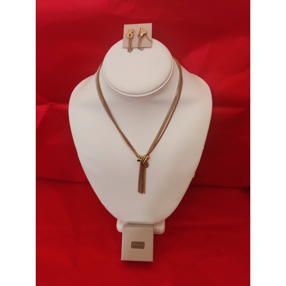 Vintage Avon Tri Color Chain Tassel‎ Necklace 15" And Earrings